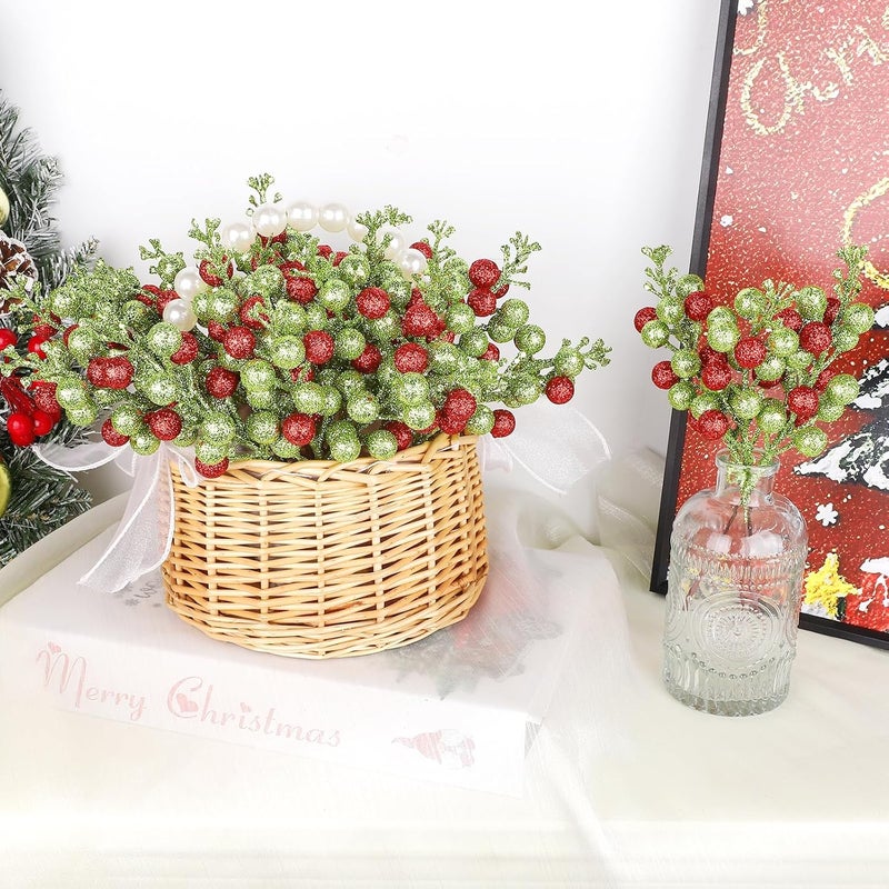 Meching 24 Pack Christmas Glitter Green Red Berry Stems, 7.5 Inch Artificial Christmas Berries Picks for DIY Crafts Xmas Tree Christmas Wreath Home Wedding Home Party Decoration (Green&Red) - Image 4